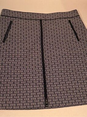 Tory Burch Navy and White Jacquard Mini Skirt with Front Zip
